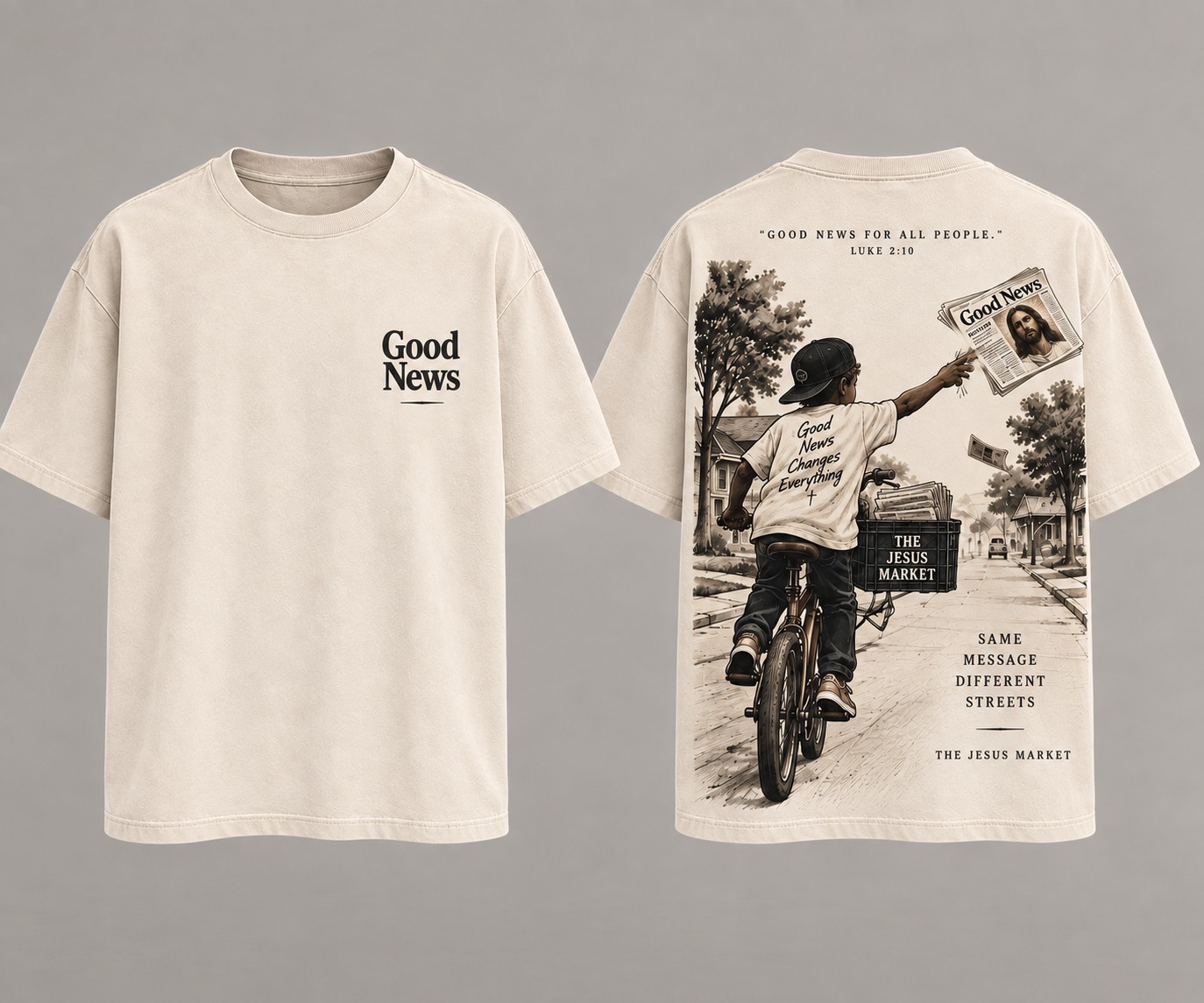 Front of the cream Good News tee
