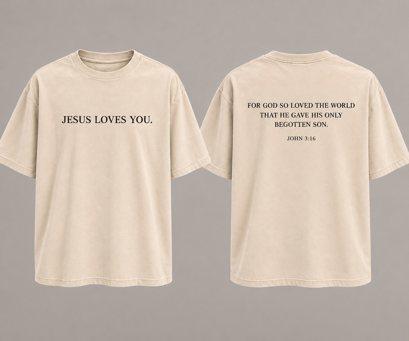 Front of the cream Jesus Loves You tee