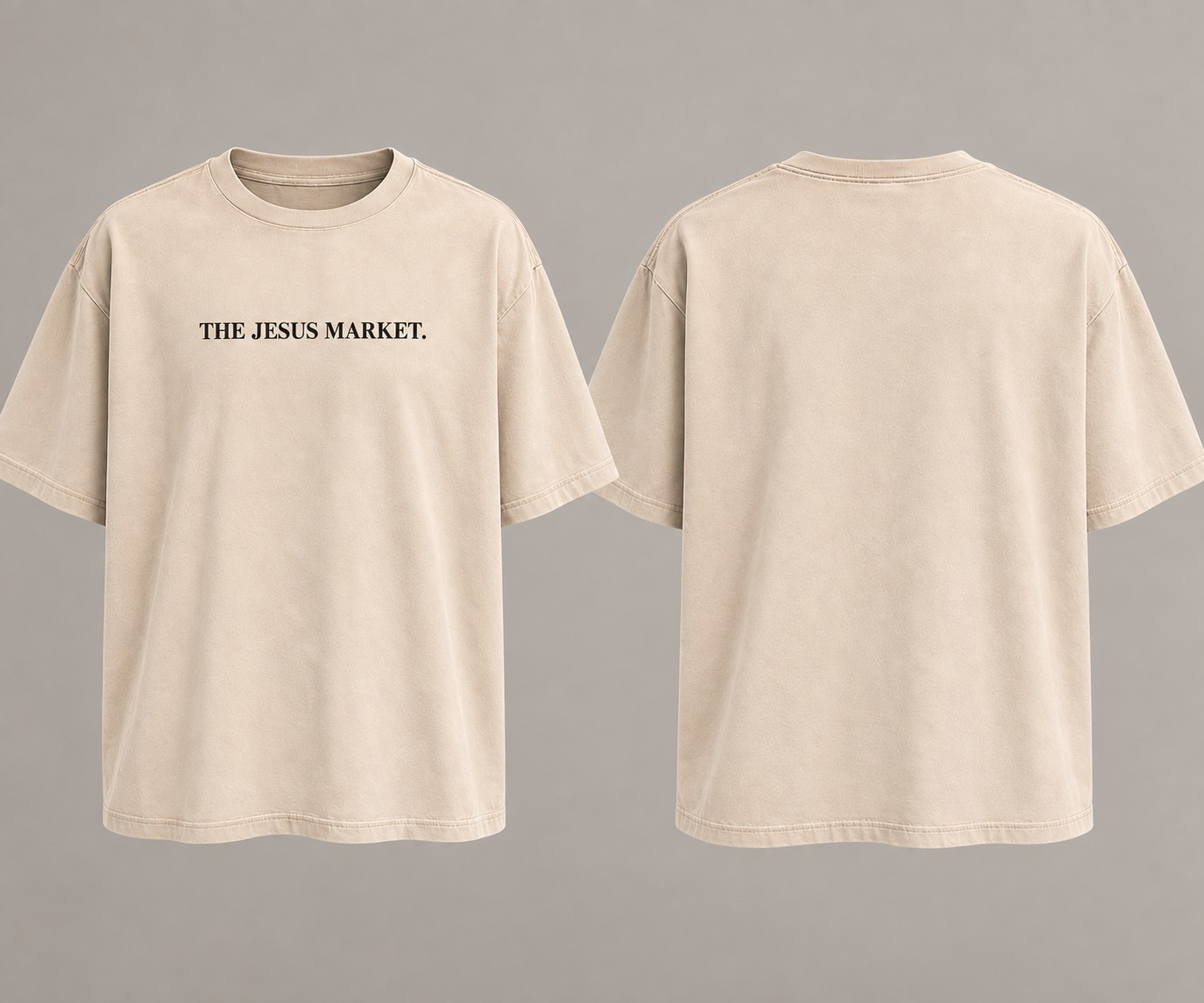 Front of the tan Jesus Market standard tee